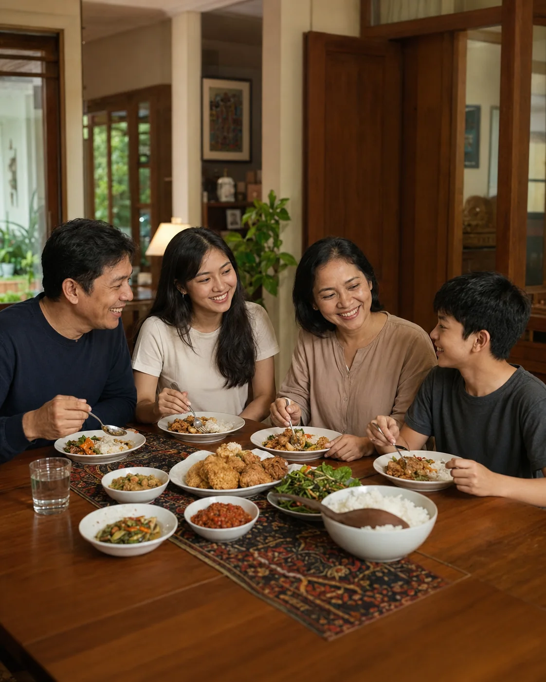 Keluarga Indonesia sedang makan bersama di meja makan
