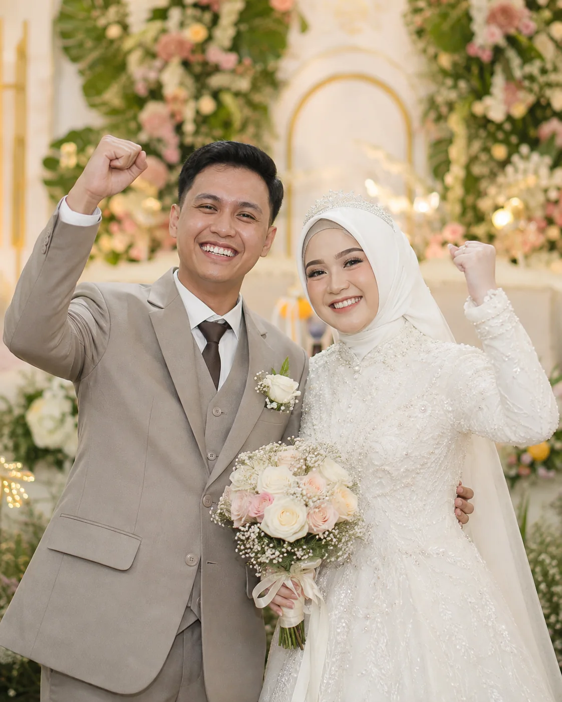 Pasangan pengantin Indonesia bahagia